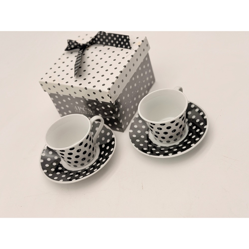 Black White Polka Dot Espresso Cup and Saucer Set of 2 with Matching Gift Box